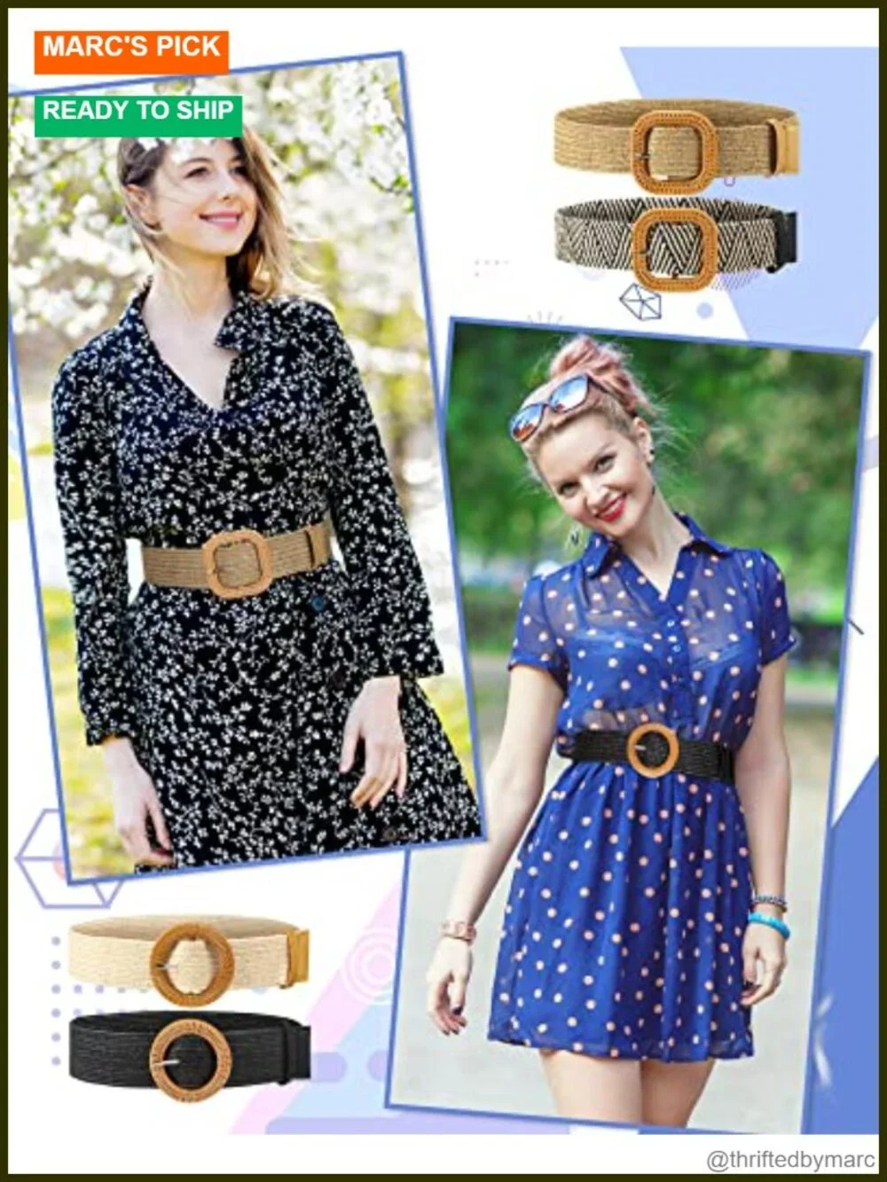 Set of 4 Elastic Raffia Woven Belts with Rattan Buckle for Dresses